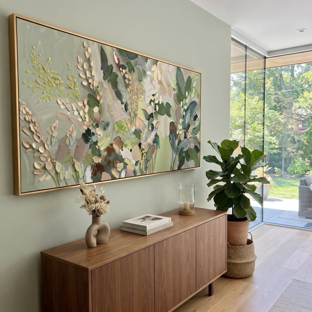 Sage Wildflower Meadow focuses on a sage green meadow of small white flowers, seed heads and loose leaves. The visible subject is placed within a carefully balanced painted field, with the main silhouette, feather, fur, petals, branches, clothing, landscape or background marks kept specific to this artwork. The palette of green, white, beige creates the mood through clear warm and cool relationships, while lighter passages open the composition and darker passages give the focal form weight.