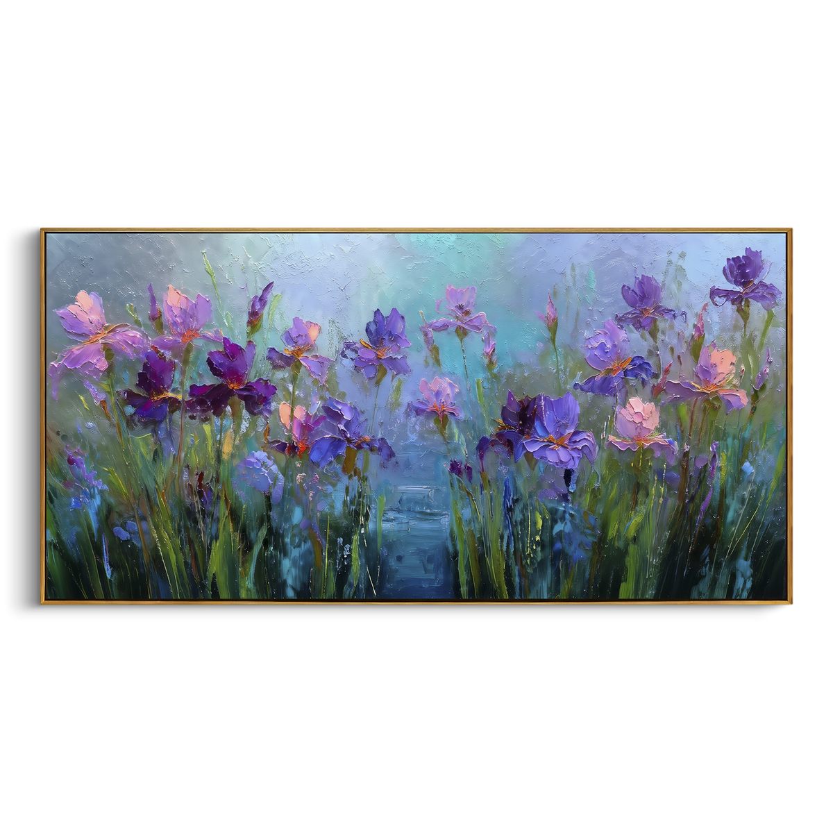 Twilight Iris Meadow focuses on a horizontal field of purple iris blossoms against a cool blue meadow. The visible subject is placed within a carefully balanced painted field, with the main silhouette, feather, fur, petals, branches, clothing, landscape or background marks kept specific to this artwork. The palette of purple, blue, green creates the mood through clear warm and cool relationships, while lighter passages open the composition and darker passages give the focal form weight. Raised