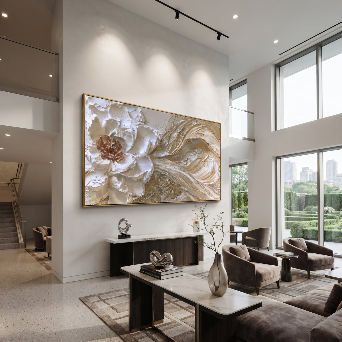 Cream Gold Floral Current focuses on a cream flower floating through ivory, gold and taupe flowing texture. The visible subject is placed within a carefully balanced painted field, with the main silhouette, feather, fur, petals, branches, clothing, landscape or background marks kept specific to this artwork. The palette of white, gold, beige creates the mood through clear warm and cool relationships, while lighter passages open the composition and darker passages give the focal form weight.