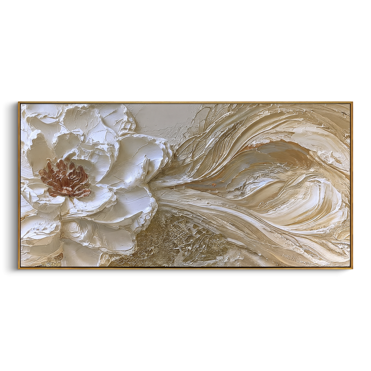 Cream Gold Floral Current focuses on a cream flower floating through ivory, gold and taupe flowing texture. The visible subject is placed within a carefully balanced painted field, with the main silhouette, feather, fur, petals, branches, clothing, landscape or background marks kept specific to this artwork. The palette of white, gold, beige creates the mood through clear warm and cool relationships, while lighter passages open the composition and darker passages give the focal form weight.