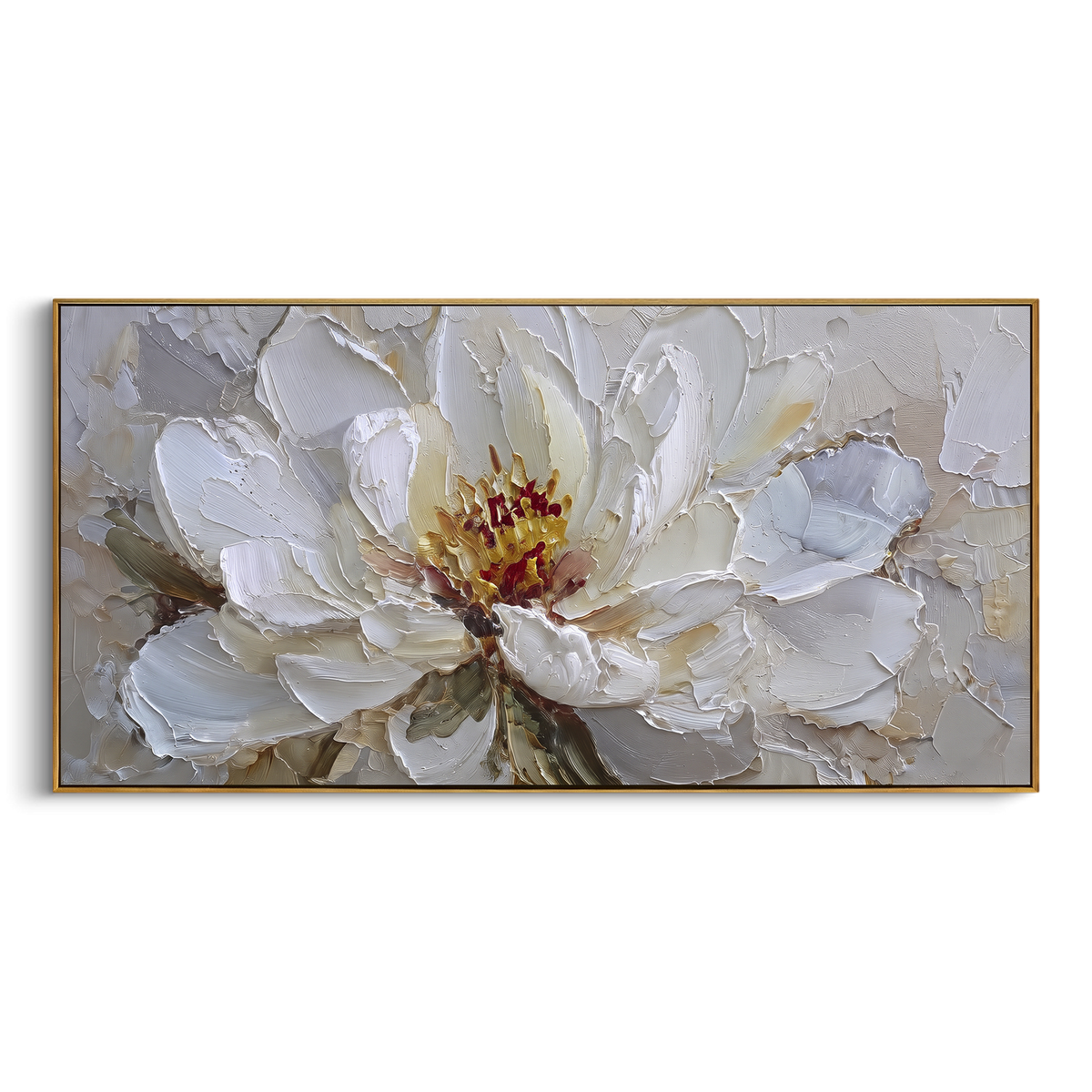 White Magnolia Closeup focuses on a white magnolia with a warm golden center and sculpted petals. The visible subject is placed within a carefully balanced painted field, with the main silhouette, feather, fur, petals, branches, clothing, landscape or background marks kept specific to this artwork. The palette of white, beige, gold creates the mood through clear warm and cool relationships, while lighter passages open the composition and darker passages give the focal form weight. Raised