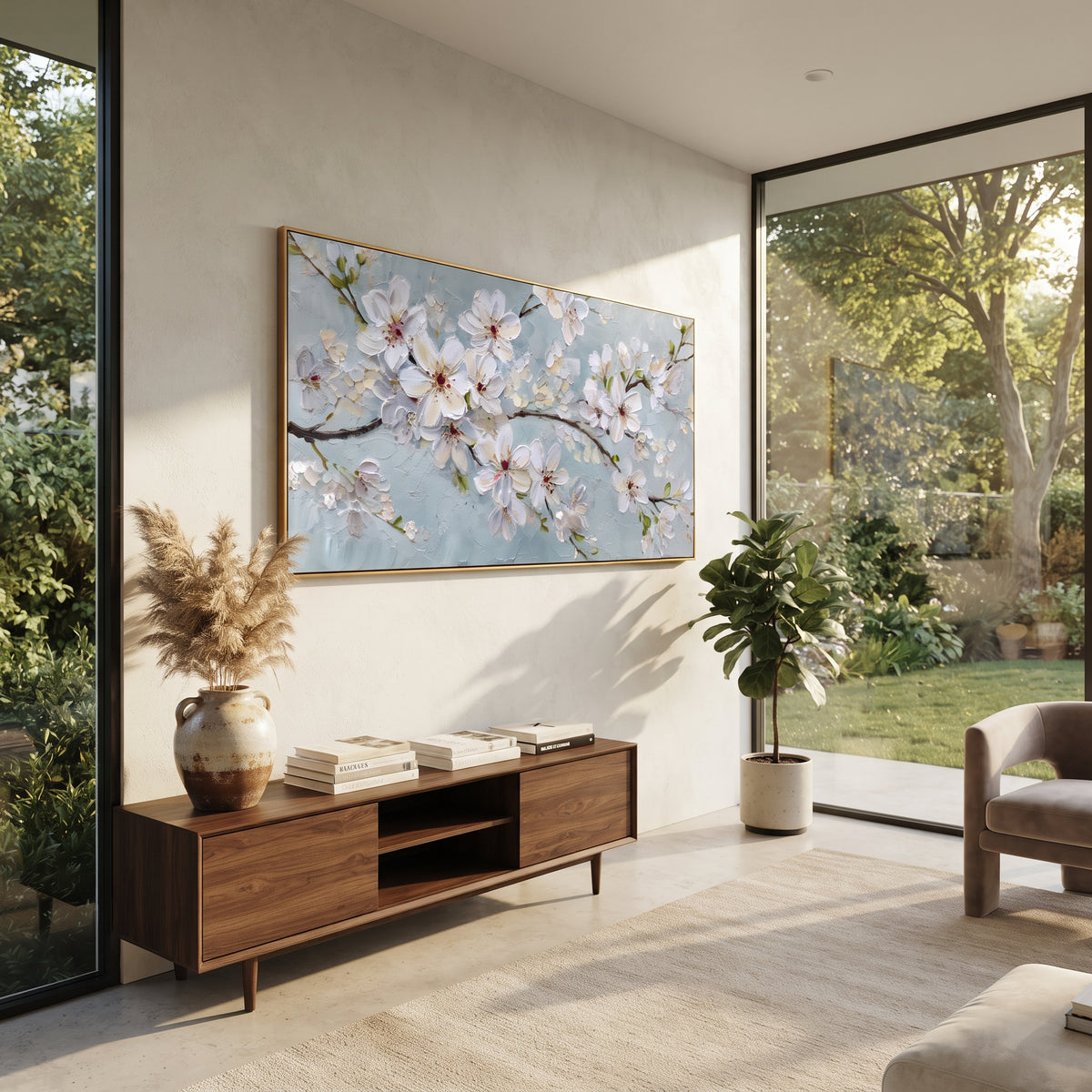 Cherry Blossom Sky focuses on a delicate branch of pink and white blossoms against a pale blue sky. The visible subject is placed within a carefully balanced painted field, with the main silhouette, feather, fur, petals, branches, clothing, landscape or background marks kept specific to this artwork. The palette of pink, white, blue creates the mood through clear warm and cool relationships, while lighter passages open the composition and darker passages give the focal form weight. Raised