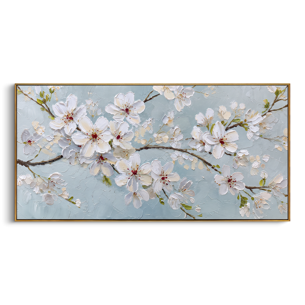 Cherry Blossom Sky focuses on a delicate branch of pink and white blossoms against a pale blue sky. The visible subject is placed within a carefully balanced painted field, with the main silhouette, feather, fur, petals, branches, clothing, landscape or background marks kept specific to this artwork. The palette of pink, white, blue creates the mood through clear warm and cool relationships, while lighter passages open the composition and darker passages give the focal form weight. Raised