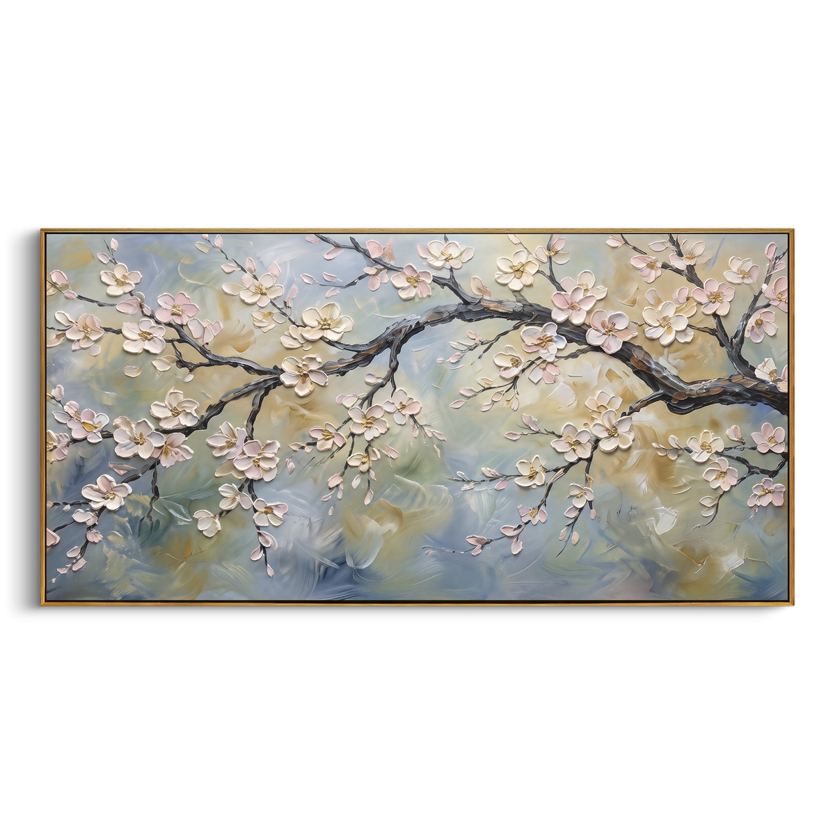 Soft Cherry Branch focuses on a long flowering branch with pale blossoms and misty blue-green atmosphere. The visible subject is placed within a carefully balanced painted field, with the main silhouette, feather, fur, petals, branches, clothing, landscape or background marks kept specific to this artwork. The palette of pink, white, green creates the mood through clear warm and cool relationships, while lighter passages open the composition and darker passages give the focal form weight. Raised