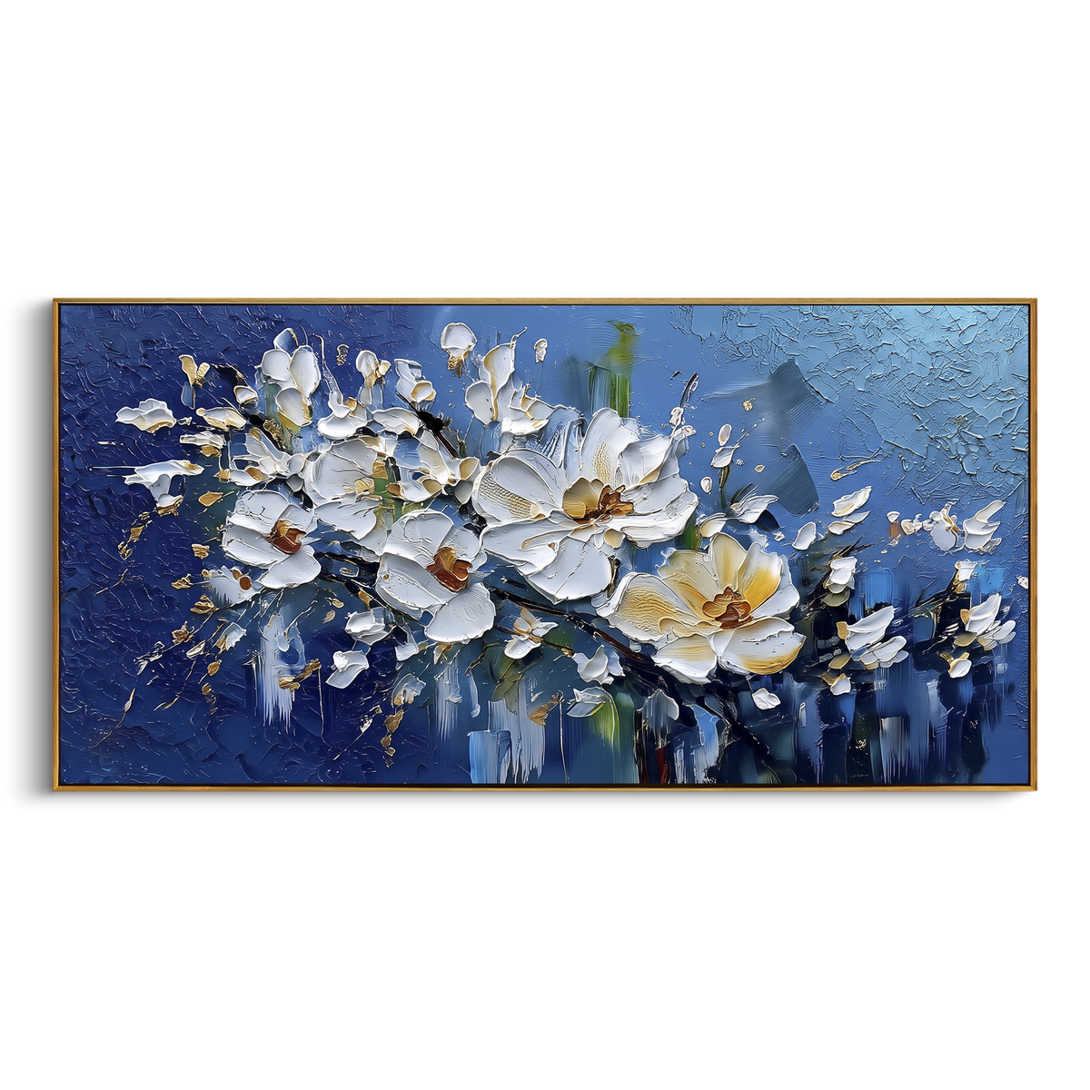 White Blossom Drift focuses on white blossoms drifting through a cool blue and lavender field. The visible subject is placed within a carefully balanced painted field, with the main silhouette, feather, fur, petals, branches, clothing, landscape or background marks kept specific to this artwork. The palette of white, blue, purple creates the mood through clear warm and cool relationships, while lighter passages open the composition and darker passages give the focal form weight. Raised impasto