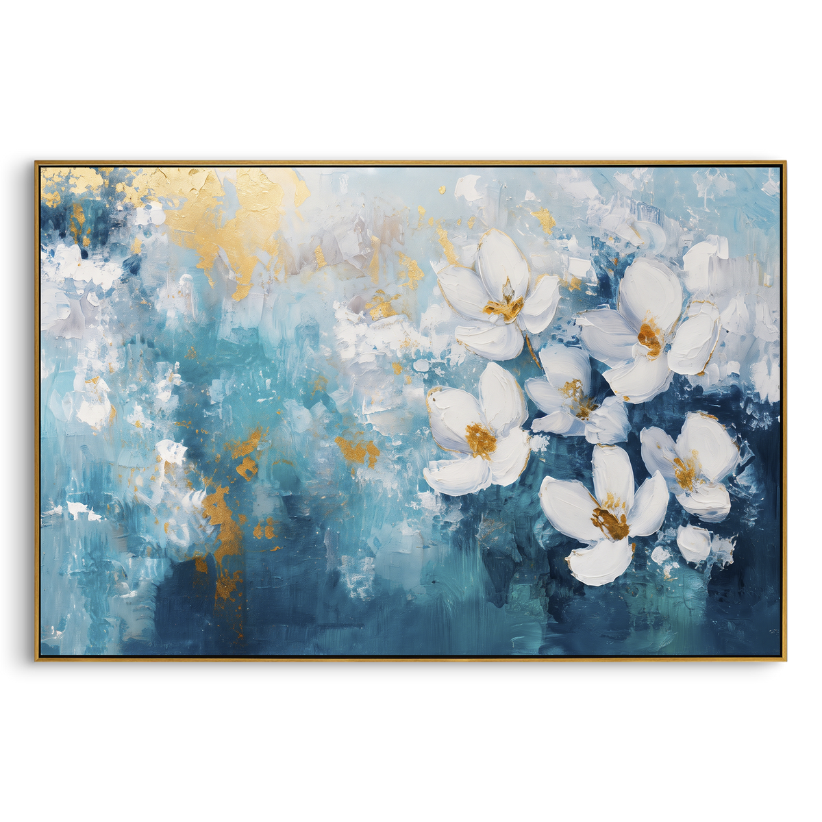 Blossom Branch in Blue focuses on small white and blush flowers tracing a branch across blue space. The visible subject is placed within a carefully balanced painted field, with the main silhouette, feather, fur, petals, branches, clothing, landscape or background marks kept specific to this artwork. The palette of white, pink, blue creates the mood through clear warm and cool relationships, while lighter passages open the composition and darker passages give the focal form weight. Raised