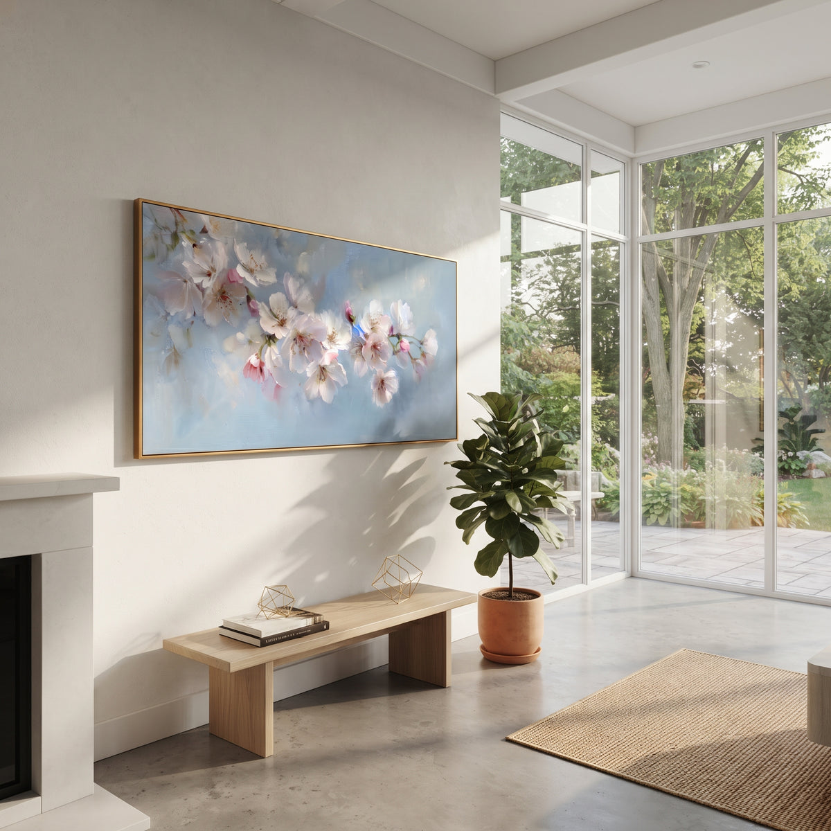 Blue White Flower Garden focuses on a dense bed of blue and white blooms with bright impasto accents. The visible subject is placed within a carefully balanced painted field, with the main silhouette, feather, fur, petals, branches, clothing, landscape or background marks kept specific to this artwork. The palette of blue, white, green creates the mood through clear warm and cool relationships, while lighter passages open the composition and darker passages give the focal form weight. Raised