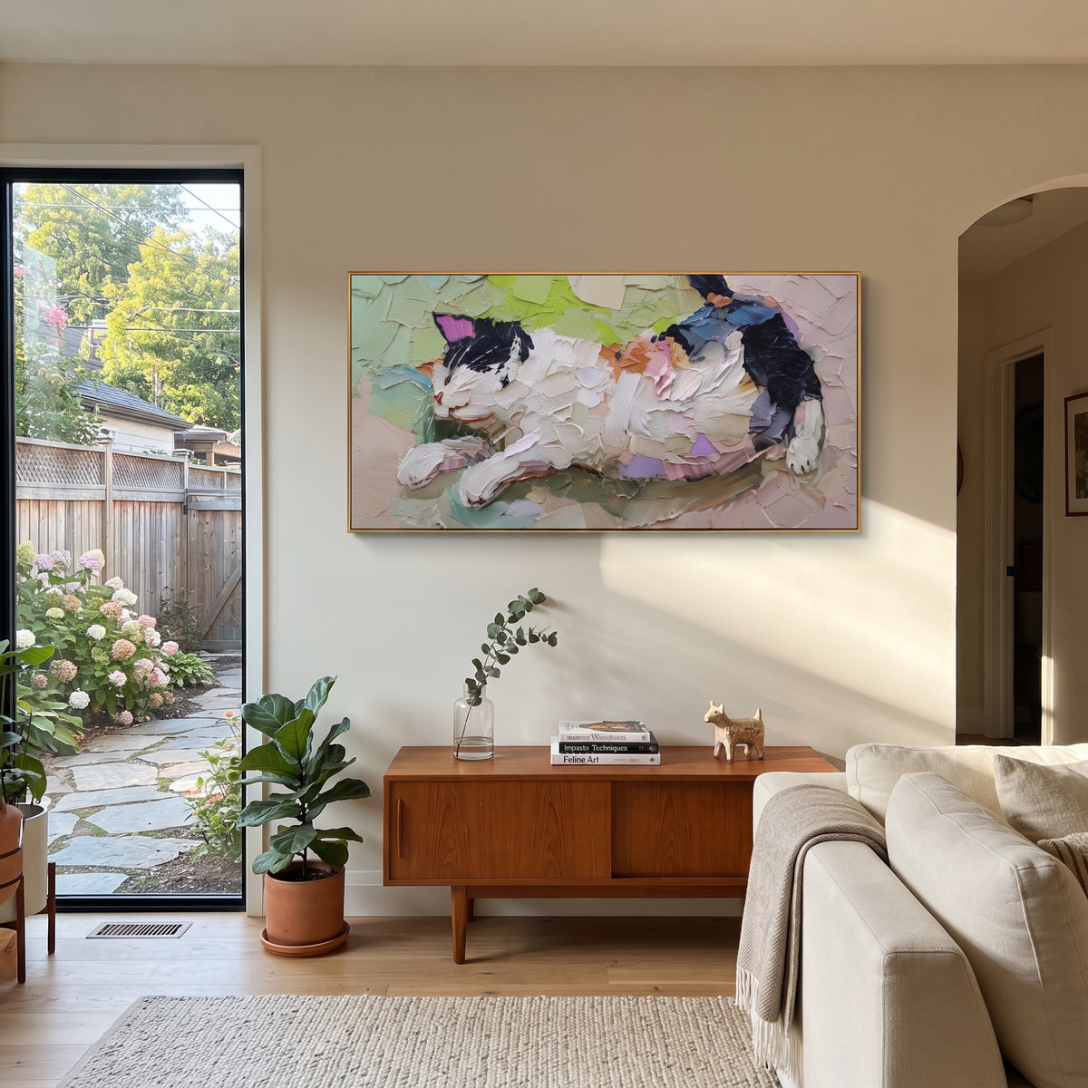 Sleeping Patchwork Cat focuses on a relaxed patchwork cat sleeping across pale abstract brushstrokes. The visible subject is placed within a carefully balanced painted field, with the main silhouette, feather, fur, petals, branches, clothing, landscape or background marks kept specific to this artwork. The palette of white, pink, grey creates the mood through clear warm and cool relationships, while lighter passages open the composition and darker passages give the focal form weight. Raised