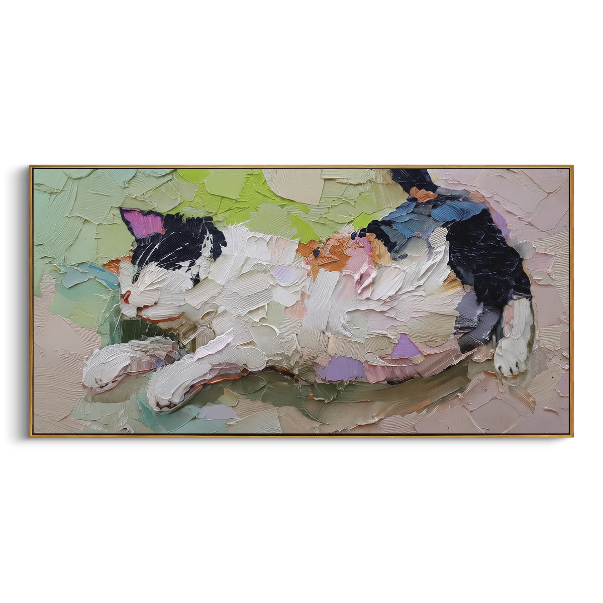 Sleeping Patchwork Cat focuses on a relaxed patchwork cat sleeping across pale abstract brushstrokes. The visible subject is placed within a carefully balanced painted field, with the main silhouette, feather, fur, petals, branches, clothing, landscape or background marks kept specific to this artwork. The palette of white, pink, grey creates the mood through clear warm and cool relationships, while lighter passages open the composition and darker passages give the focal form weight. Raised