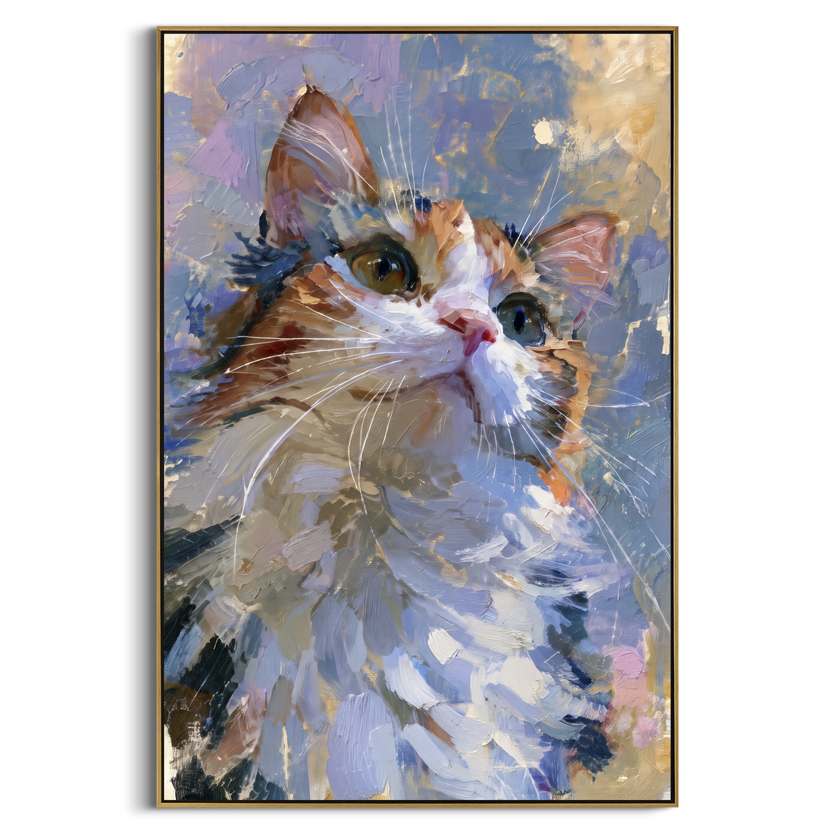 Calico Cat Closeup focuses on a lively calico cat portrait with blue, cream and russet brushwork. The visible subject is placed within a carefully balanced painted field, with the main silhouette, feather, fur, petals, branches, clothing, landscape or background marks kept specific to this artwork. The palette of blue, orange, white creates the mood through clear warm and cool relationships, while lighter passages open the composition and darker passages give the focal form weight. Raised