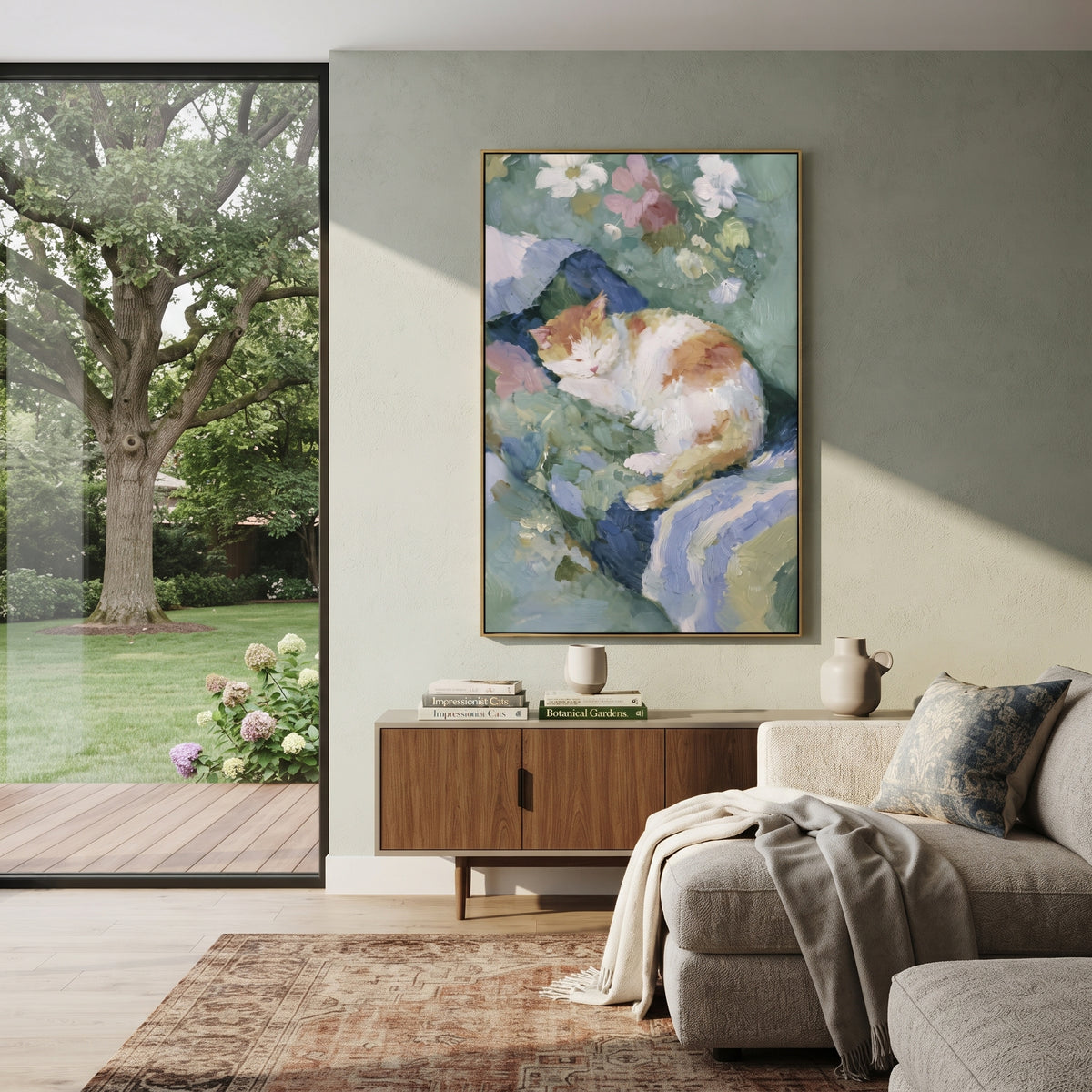 Sleeping Cat on Cushion focuses on a black cat sleeping on a green and cream sofa. The visible subject is placed within a carefully balanced painted field, with the main silhouette, feather, fur, petals, branches, clothing, landscape or background marks kept specific to this artwork. The palette of black, green, beige creates the mood through clear warm and cool relationships, while lighter passages open the composition and darker passages give the focal form weight. Raised impasto