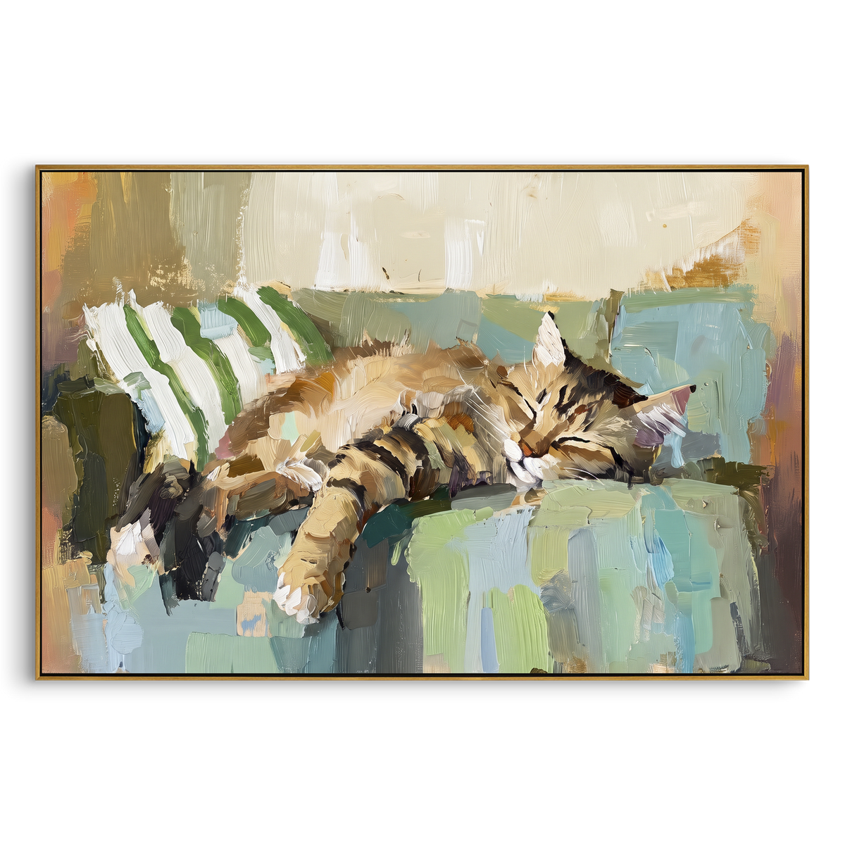 Ginger Cat in Motion focuses on a ginger tabby captured mid-run with a long striped tail. The visible subject is placed within a carefully balanced painted field, with the main silhouette, feather, fur, petals, branches, clothing, landscape or background marks kept specific to this artwork. The palette of orange, brown, beige creates the mood through clear warm and cool relationships, while lighter passages open the composition and darker passages give the focal form weight. Raised impasto