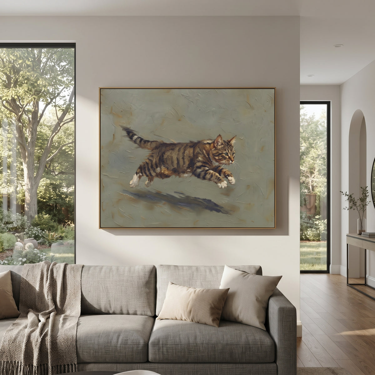 Sleeping Cat Collage focuses on a resting cat formed from pale green, lilac and cream painted blocks. The visible subject is placed within a carefully balanced painted field, with the main silhouette, feather, fur, petals, branches, clothing, landscape or background marks kept specific to this artwork. The palette of green, purple, beige creates the mood through clear warm and cool relationships, while lighter passages open the composition and darker passages give the focal form weight. Raised