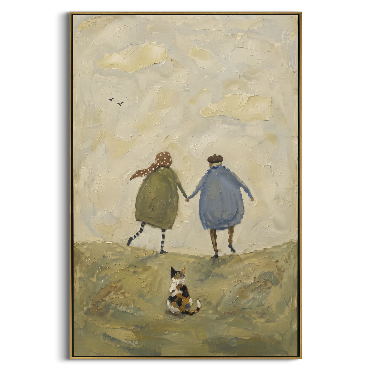 Calico on the Path focuses on a calico cat following two figures across a pale landscape. The visible subject is placed within a carefully balanced painted field, with the main silhouette, feather, fur, petals, branches, clothing, landscape or background marks kept specific to this artwork. The palette of green, beige, blue creates the mood through clear warm and cool relationships, while lighter passages open the composition and darker passages give the focal form weight. Raised impasto
