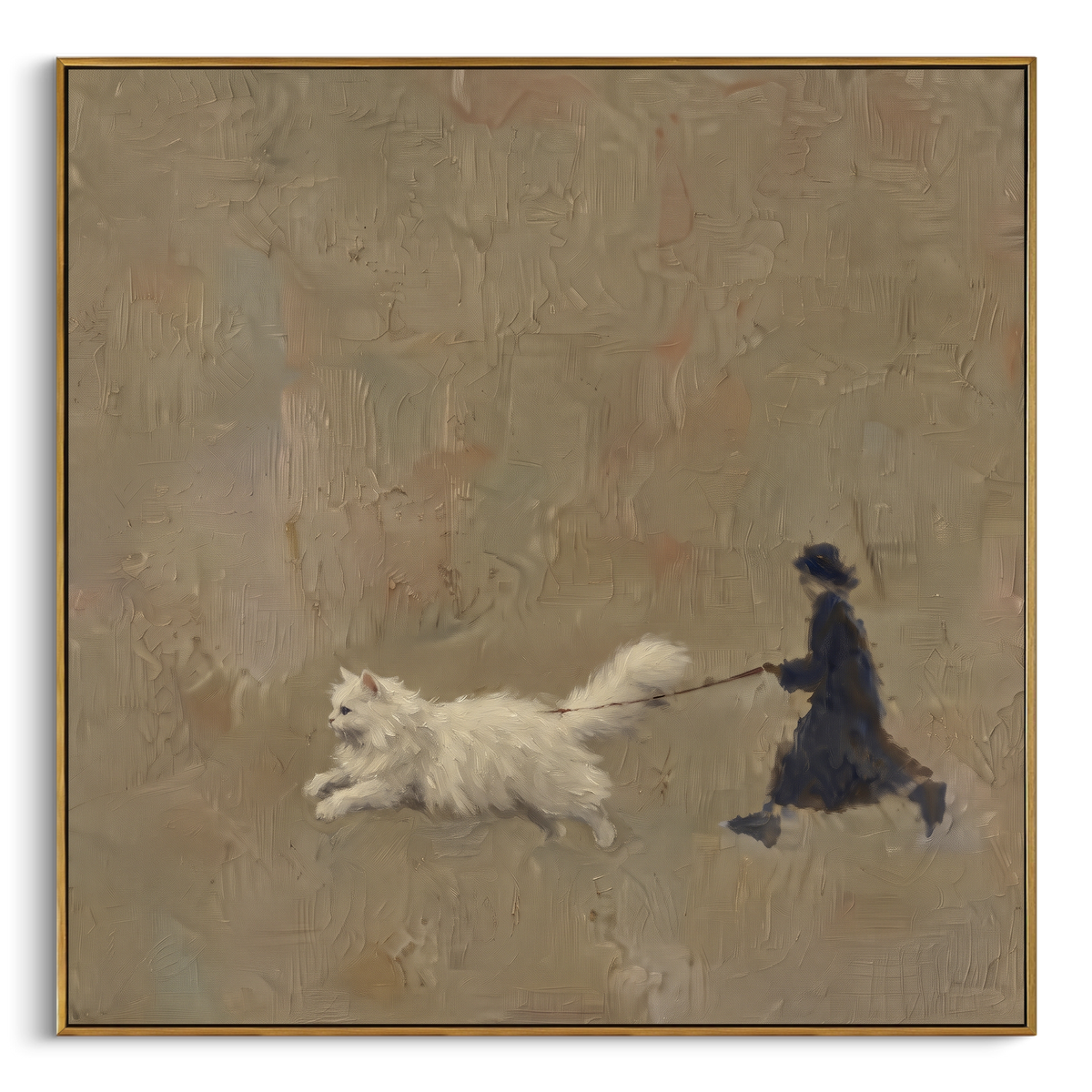 Figures and Cat focuses on two quiet figures standing with a cat between them. The visible subject is placed within a carefully balanced painted field, with the main silhouette, feather, fur, petals, branches, clothing, landscape or background marks kept specific to this artwork. The palette of green, grey, beige creates the mood through clear warm and cool relationships, while lighter passages open the composition and darker passages give the focal form weight. Raised impasto, palette-knife