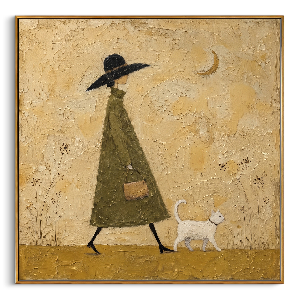 Woman and Cat in Snow focuses on a bundled figure and cat walking through a snowy blue scene. The visible subject is placed within a carefully balanced painted field, with the main silhouette, feather, fur, petals, branches, clothing, landscape or background marks kept specific to this artwork. The palette of blue, white, grey creates the mood through clear warm and cool relationships, while lighter passages open the composition and darker passages give the focal form weight. Raised impasto