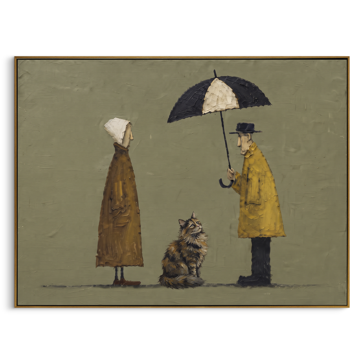 Woman with Orange Cat focuses on a rust-dressed woman walking beside an orange cat. The visible subject is placed within a carefully balanced painted field, with the main silhouette, feather, fur, petals, branches, clothing, landscape or background marks kept specific to this artwork. The palette of orange, grey, yellow creates the mood through clear warm and cool relationships, while lighter passages open the composition and darker passages give the focal form weight. Raised impasto