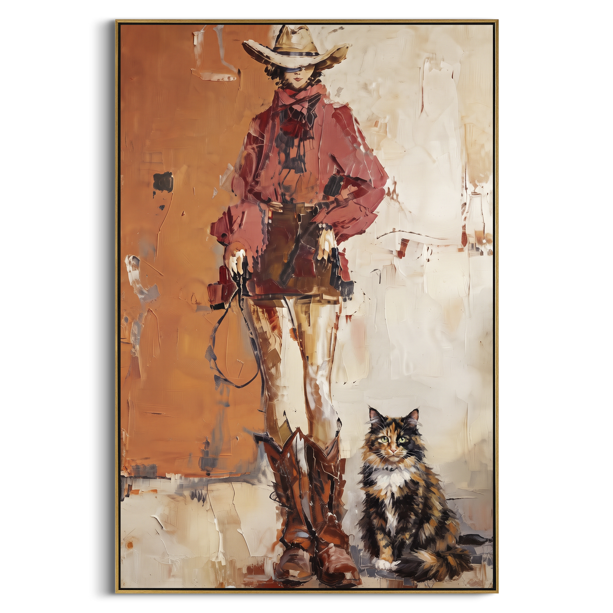 Cat in Floral Room focuses on a relaxed cat resting amid colorful floral brushwork. The visible subject is placed within a carefully balanced painted field, with the main silhouette, feather, fur, petals, branches, clothing, landscape or background marks kept specific to this artwork. The palette of green, pink, white creates the mood through clear warm and cool relationships, while lighter passages open the composition and darker passages give the focal form weight. Raised impasto