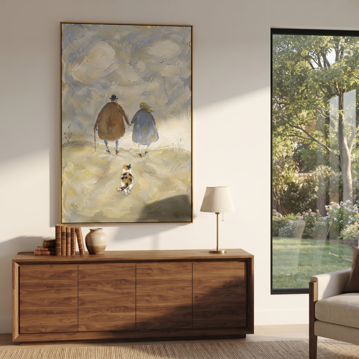 Three Cats on Brown Bed focuses on three sleeping cats arranged across a brown bed. The visible subject is placed within a carefully balanced painted field, with the main silhouette, feather, fur, petals, branches, clothing, landscape or background marks kept specific to this artwork. The palette of brown, white, beige creates the mood through clear warm and cool relationships, while lighter passages open the composition and darker passages give the focal form weight. Raised impasto