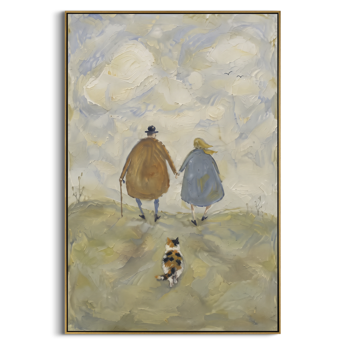 Three Cats on Brown Bed focuses on three sleeping cats arranged across a brown bed. The visible subject is placed within a carefully balanced painted field, with the main silhouette, feather, fur, petals, branches, clothing, landscape or background marks kept specific to this artwork. The palette of brown, white, beige creates the mood through clear warm and cool relationships, while lighter passages open the composition and darker passages give the focal form weight. Raised impasto