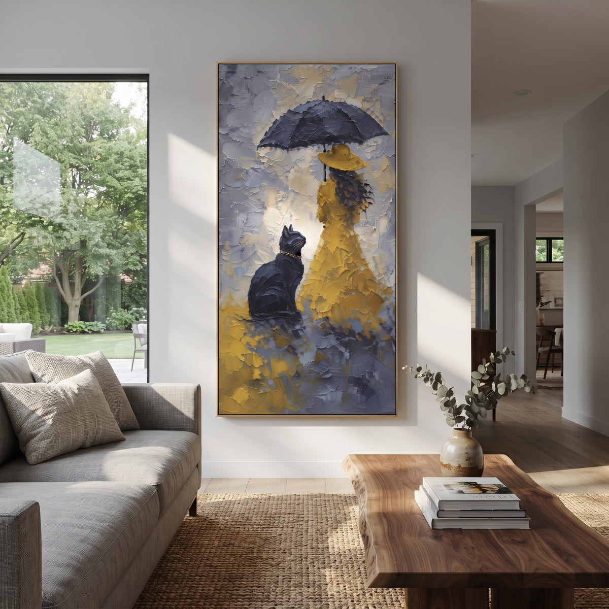Flying Tabby focuses on a tabby cat suspended mid-leap above a soft sage ground. The visible subject is placed within a carefully balanced painted field, with the main silhouette, feather, fur, petals, branches, clothing, landscape or background marks kept specific to this artwork. The palette of brown, green, grey creates the mood through clear warm and cool relationships, while lighter passages open the composition and darker passages give the focal form weight. Raised impasto, palette-knife
