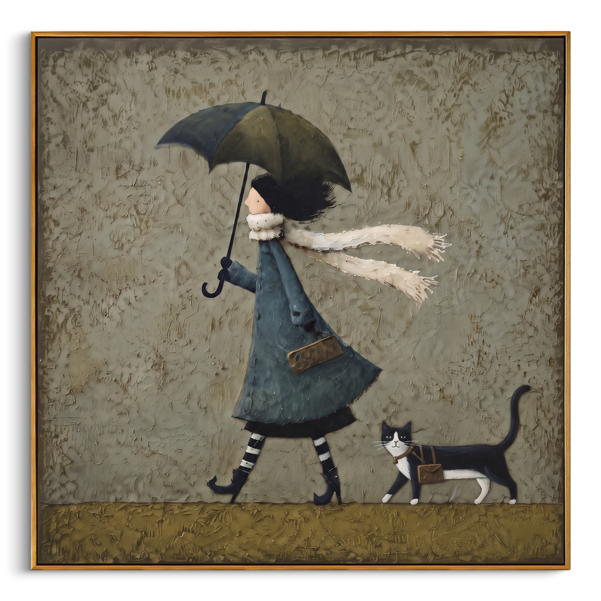 Cat and Moon focuses on a white cat looking toward a small moon in a dark green sky. The visible subject is placed within a carefully balanced painted field, with the main silhouette, feather, fur, petals, branches, clothing, landscape or background marks kept specific to this artwork. The palette of white, green, yellow creates the mood through clear warm and cool relationships, while lighter passages open the composition and darker passages give the focal form weight. Raised impasto
