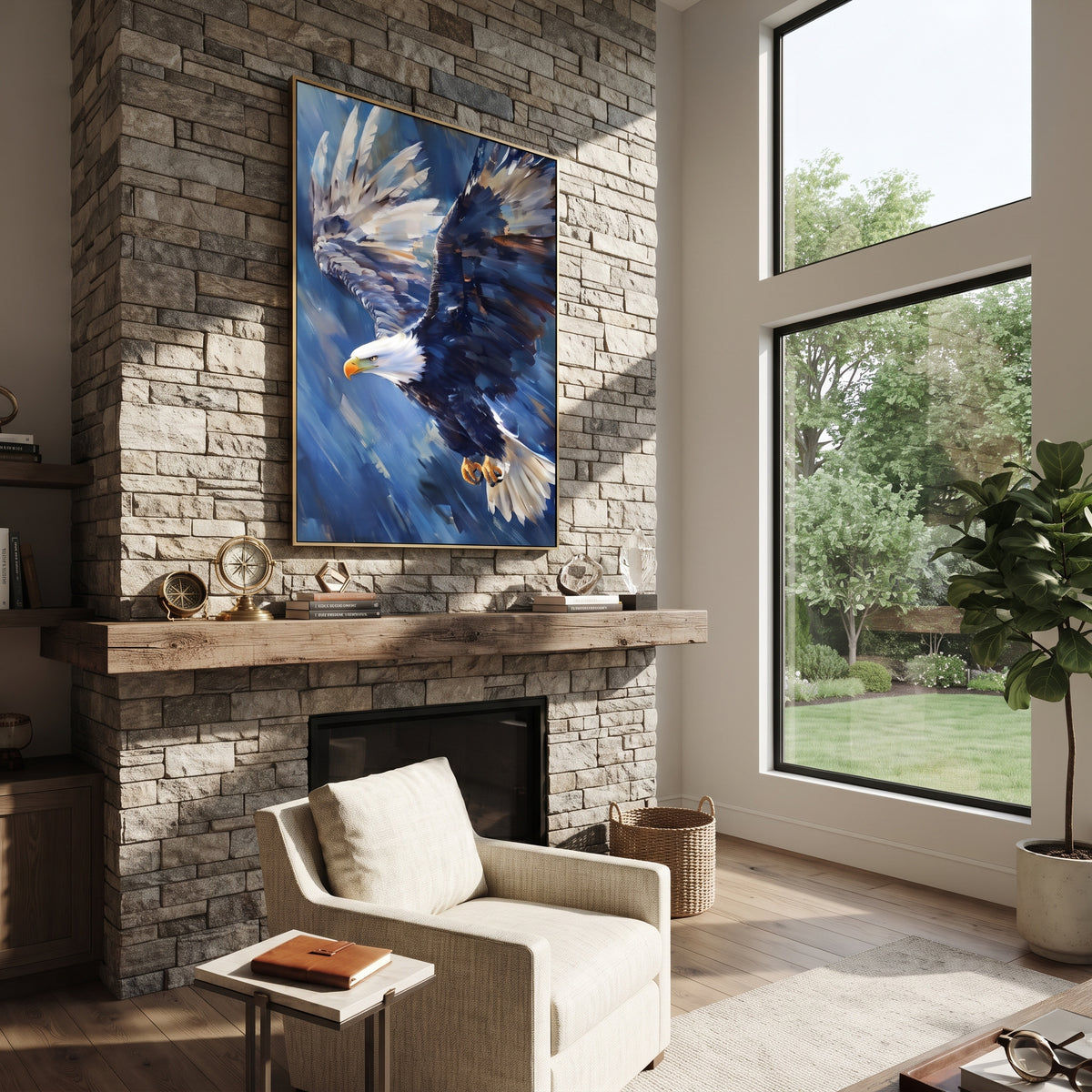 Blue Flight Bald Eagle focuses on a bald eagle flying through deep blue brushstrokes. The visible subject is placed within a carefully balanced painted field, with the main silhouette, feather, fur, petals, branches, clothing, landscape or background marks kept specific to this artwork. The palette of blue, white, black creates the mood through clear warm and cool relationships, while lighter passages open the composition and darker passages give the focal form weight. Raised impasto