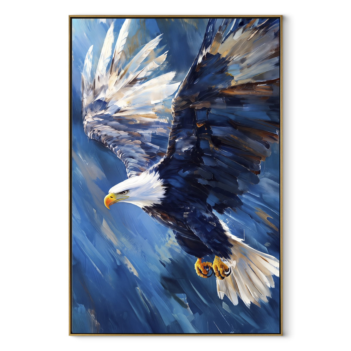 Blue Flight Bald Eagle focuses on a bald eagle flying through deep blue brushstrokes. The visible subject is placed within a carefully balanced painted field, with the main silhouette, feather, fur, petals, branches, clothing, landscape or background marks kept specific to this artwork. The palette of blue, white, black creates the mood through clear warm and cool relationships, while lighter passages open the composition and darker passages give the focal form weight. Raised impasto