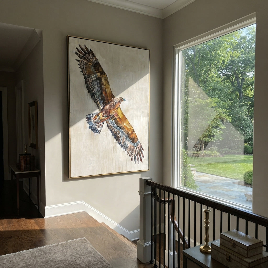 Eagle with Spread Wings focuses on a brown eagle gliding with wings fully spread over a pale background. The visible subject is placed within a carefully balanced painted field, with the main silhouette, feather, fur, petals, branches, clothing, landscape or background marks kept specific to this artwork. The palette of brown, beige, grey creates the mood through clear warm and cool relationships, while lighter passages open the composition and darker passages give the focal form weight. Raised