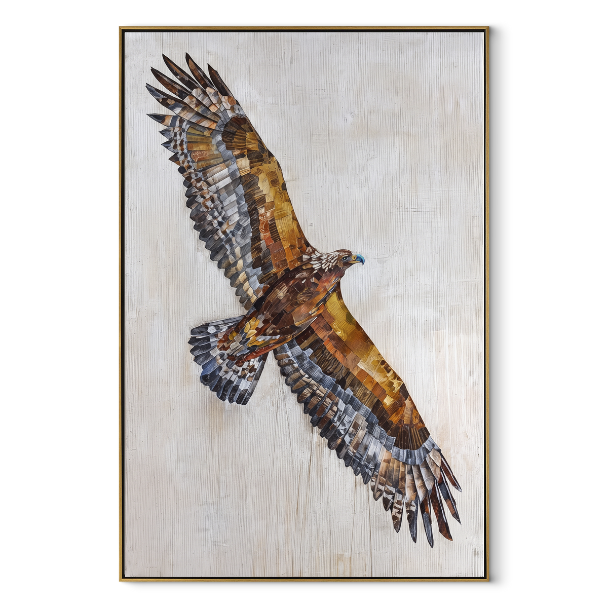 Eagle with Spread Wings focuses on a brown eagle gliding with wings fully spread over a pale background. The visible subject is placed within a carefully balanced painted field, with the main silhouette, feather, fur, petals, branches, clothing, landscape or background marks kept specific to this artwork. The palette of brown, beige, grey creates the mood through clear warm and cool relationships, while lighter passages open the composition and darker passages give the focal form weight. Raised