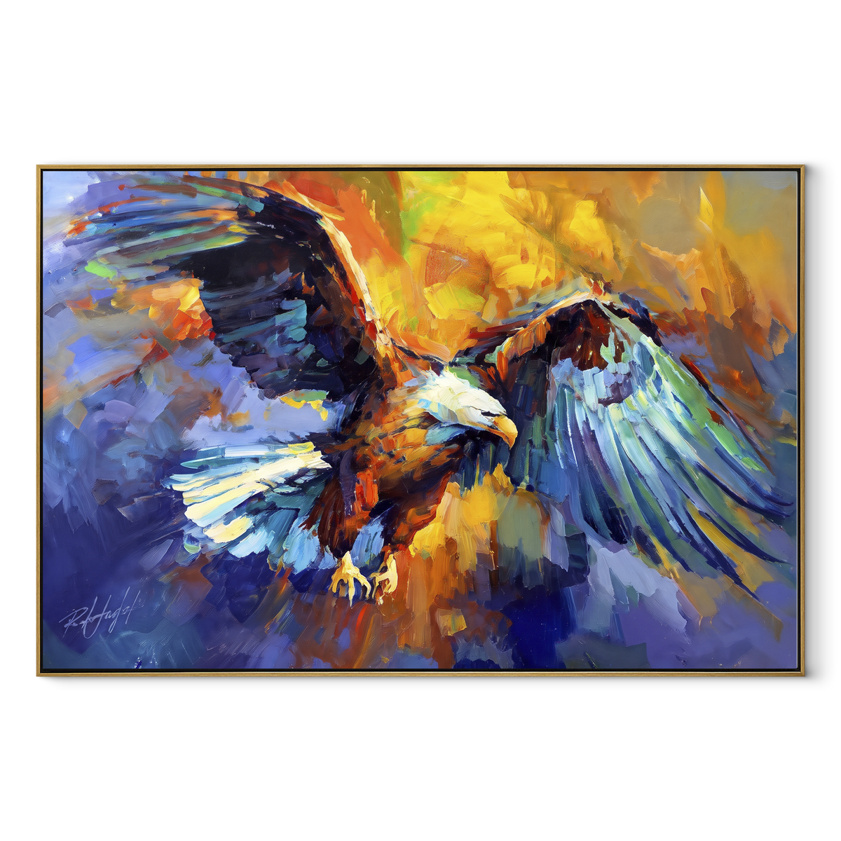 Colorful Eagle in Motion focuses on a vivid eagle crossing blue, orange, yellow and violet brushwork. The visible subject is placed within a carefully balanced painted field, with the main silhouette, feather, fur, petals, branches, clothing, landscape or background marks kept specific to this artwork. The palette of blue, orange, yellow creates the mood through clear warm and cool relationships, while lighter passages open the composition and darker passages give the focal form weight. Raised