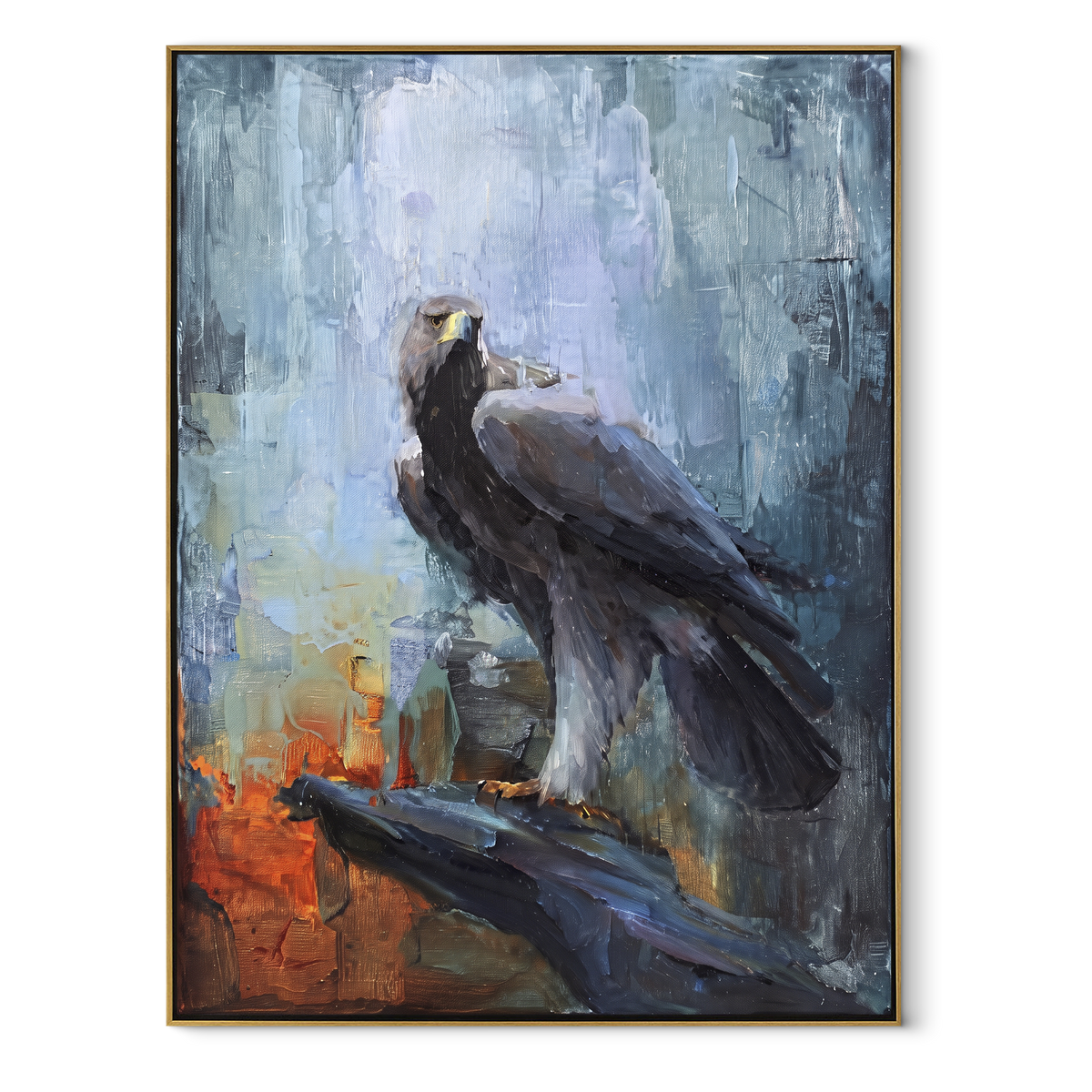 Dark Eagle on Rock focuses on a dark eagle perched on rugged rocks against a black ground. The visible subject is placed within a carefully balanced painted field, with the main silhouette, feather, fur, petals, branches, clothing, landscape or background marks kept specific to this artwork. The palette of black, brown, grey creates the mood through clear warm and cool relationships, while lighter passages open the composition and darker passages give the focal form weight. Raised impasto