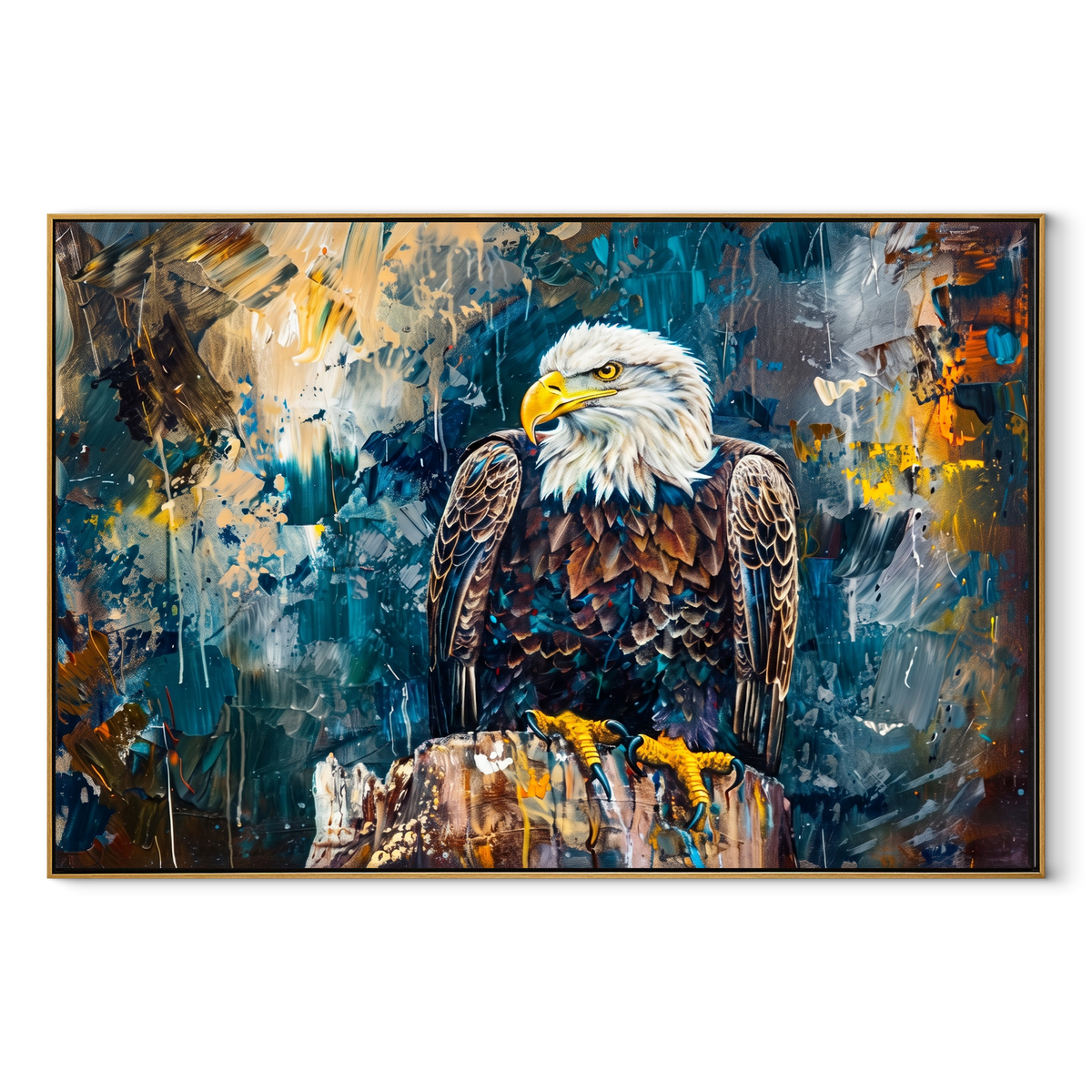Eagle Over Sunset focuses on an eagle flying across a glowing orange and blue sky. The visible subject is placed within a carefully balanced painted field, with the main silhouette, feather, fur, petals, branches, clothing, landscape or background marks kept specific to this artwork. The palette of orange, blue, brown creates the mood through clear warm and cool relationships, while lighter passages open the composition and darker passages give the focal form weight. Raised impasto