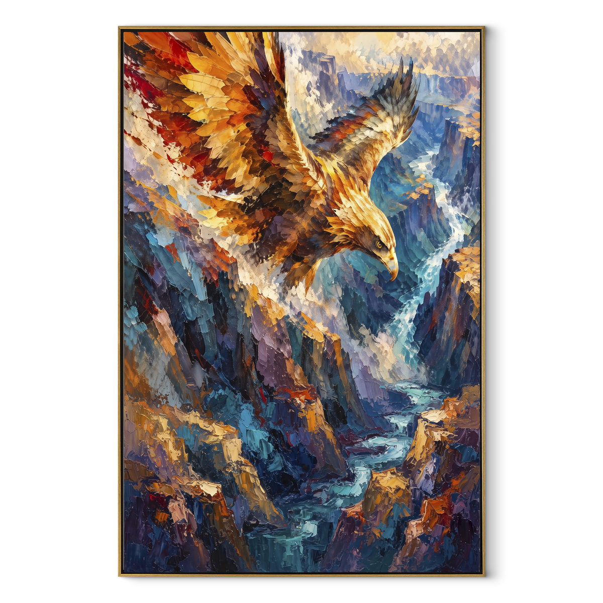 Eagle on Mountain Branch focuses on a bald eagle perched before blue mountains and distant trees. The visible subject is placed within a carefully balanced painted field, with the main silhouette, feather, fur, petals, branches, clothing, landscape or background marks kept specific to this artwork. The palette of blue, brown, green creates the mood through clear warm and cool relationships, while lighter passages open the composition and darker passages give the focal form weight. Raised