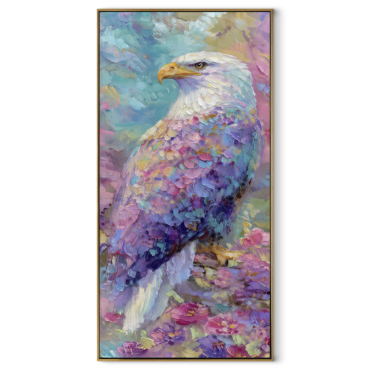 Eagle Wing Closeup focuses on a close view of layered brown and gold wing feathers. The visible subject is placed within a carefully balanced painted field, with the main silhouette, feather, fur, petals, branches, clothing, landscape or background marks kept specific to this artwork. The palette of brown, gold, blue creates the mood through clear warm and cool relationships, while lighter passages open the composition and darker passages give the focal form weight. Raised impasto, palette-knife
