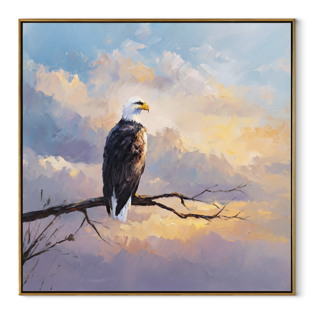 Eagle in White Burst focuses on a flying eagle surrounded by white and gold radiating strokes. The visible subject is placed within a carefully balanced painted field, with the main silhouette, feather, fur, petals, branches, clothing, landscape or background marks kept specific to this artwork. The palette of white, gold, beige creates the mood through clear warm and cool relationships, while lighter passages open the composition and darker passages give the focal form weight. Raised impasto