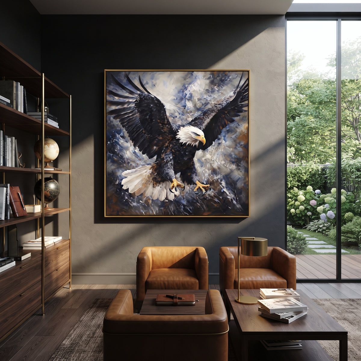 Eagle Head in Blue focuses on a close eagle head with cream feathers and a strong blue field. The visible subject is placed within a carefully balanced painted field, with the main silhouette, feather, fur, petals, branches, clothing, landscape or background marks kept specific to this artwork. The palette of blue, white, yellow creates the mood through clear warm and cool relationships, while lighter passages open the composition and darker passages give the focal form weight. Raised impasto
