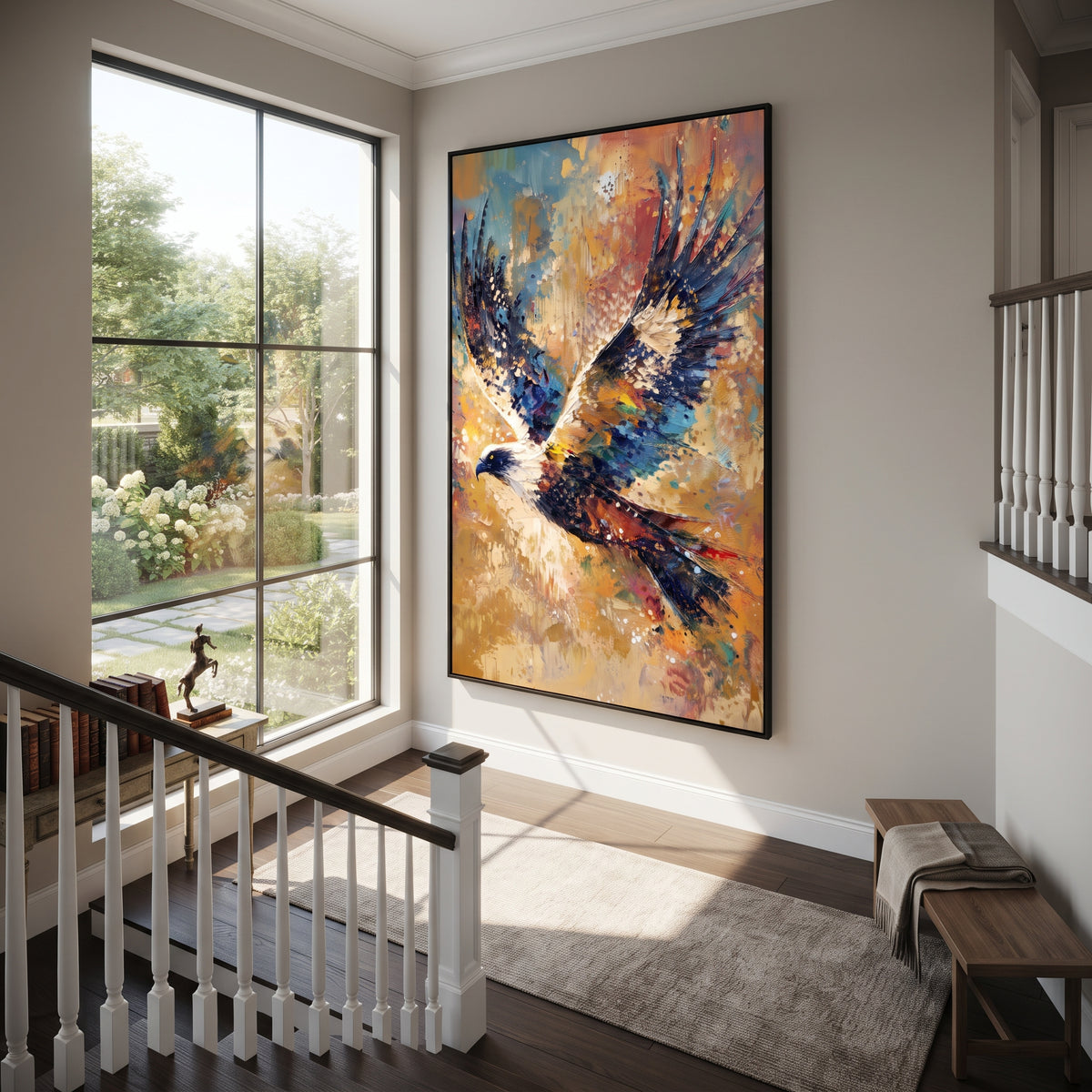 Mountain Eagle Flight focuses on a bald eagle gliding above a rugged mountain landscape. The visible subject is placed within a carefully balanced painted field, with the main silhouette, feather, fur, petals, branches, clothing, landscape or background marks kept specific to this artwork. The palette of blue, brown, grey creates the mood through clear warm and cool relationships, while lighter passages open the composition and darker passages give the focal form weight. Raised impasto
