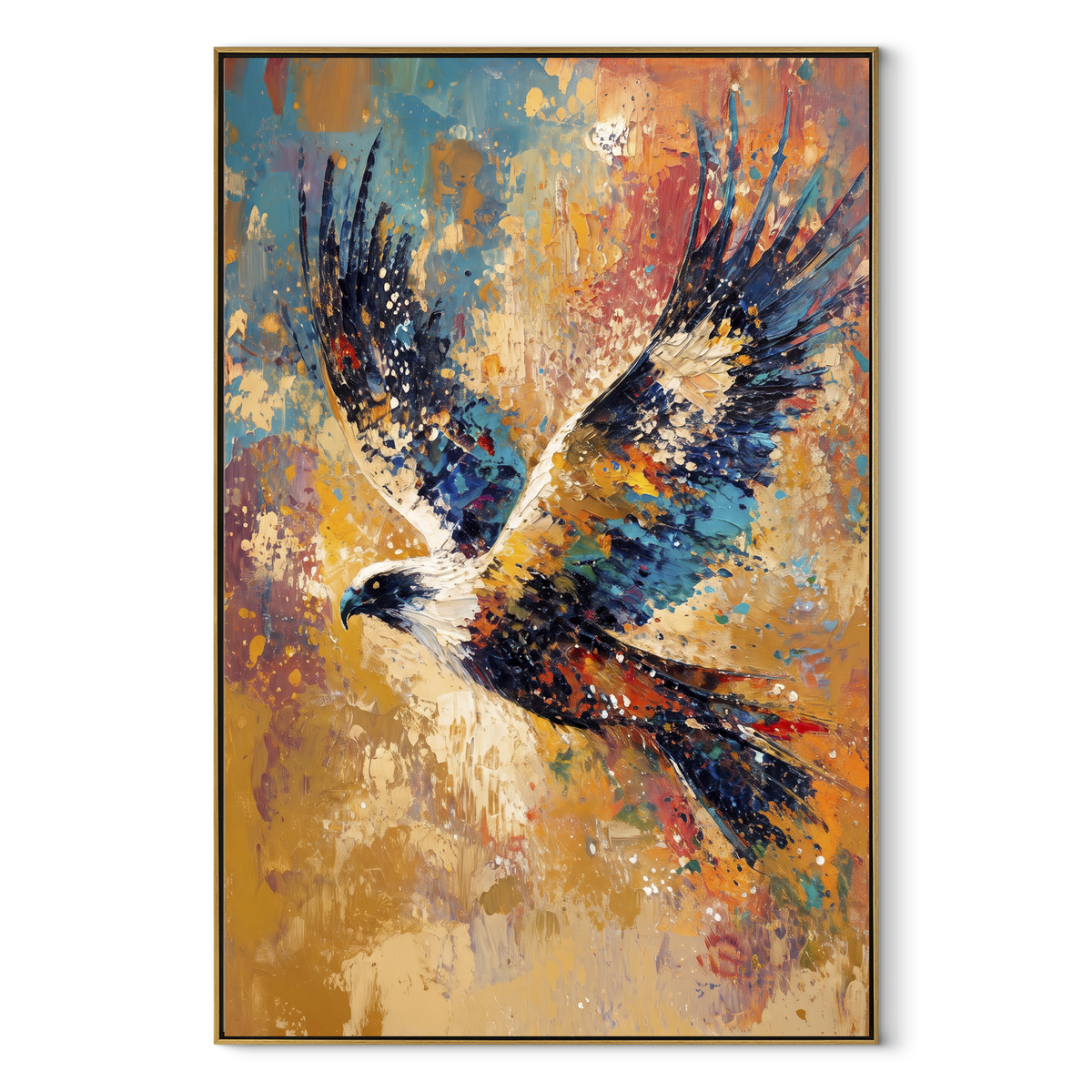 Mountain Eagle Flight focuses on a bald eagle gliding above a rugged mountain landscape. The visible subject is placed within a carefully balanced painted field, with the main silhouette, feather, fur, petals, branches, clothing, landscape or background marks kept specific to this artwork. The palette of blue, brown, grey creates the mood through clear warm and cool relationships, while lighter passages open the composition and darker passages give the focal form weight. Raised impasto
