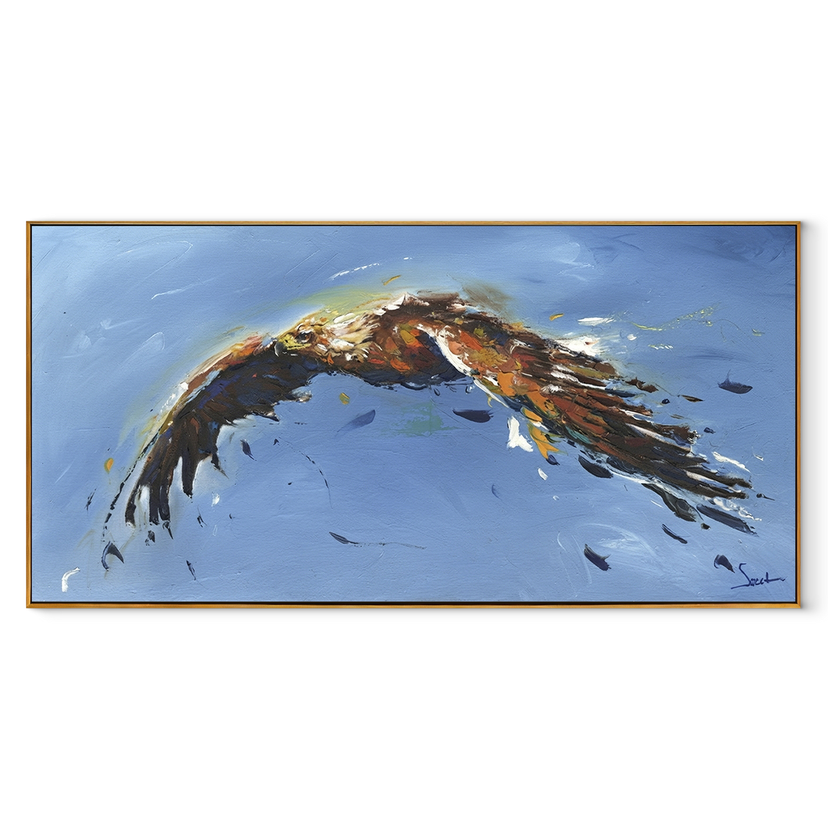 Eagle in Blue Canyon focuses on a vertical eagle flying through cool blue and slate textures. The visible subject is placed within a carefully balanced painted field, with the main silhouette, feather, fur, petals, branches, clothing, landscape or background marks kept specific to this artwork. The palette of blue, grey, brown creates the mood through clear warm and cool relationships, while lighter passages open the composition and darker passages give the focal form weight. Raised impasto
