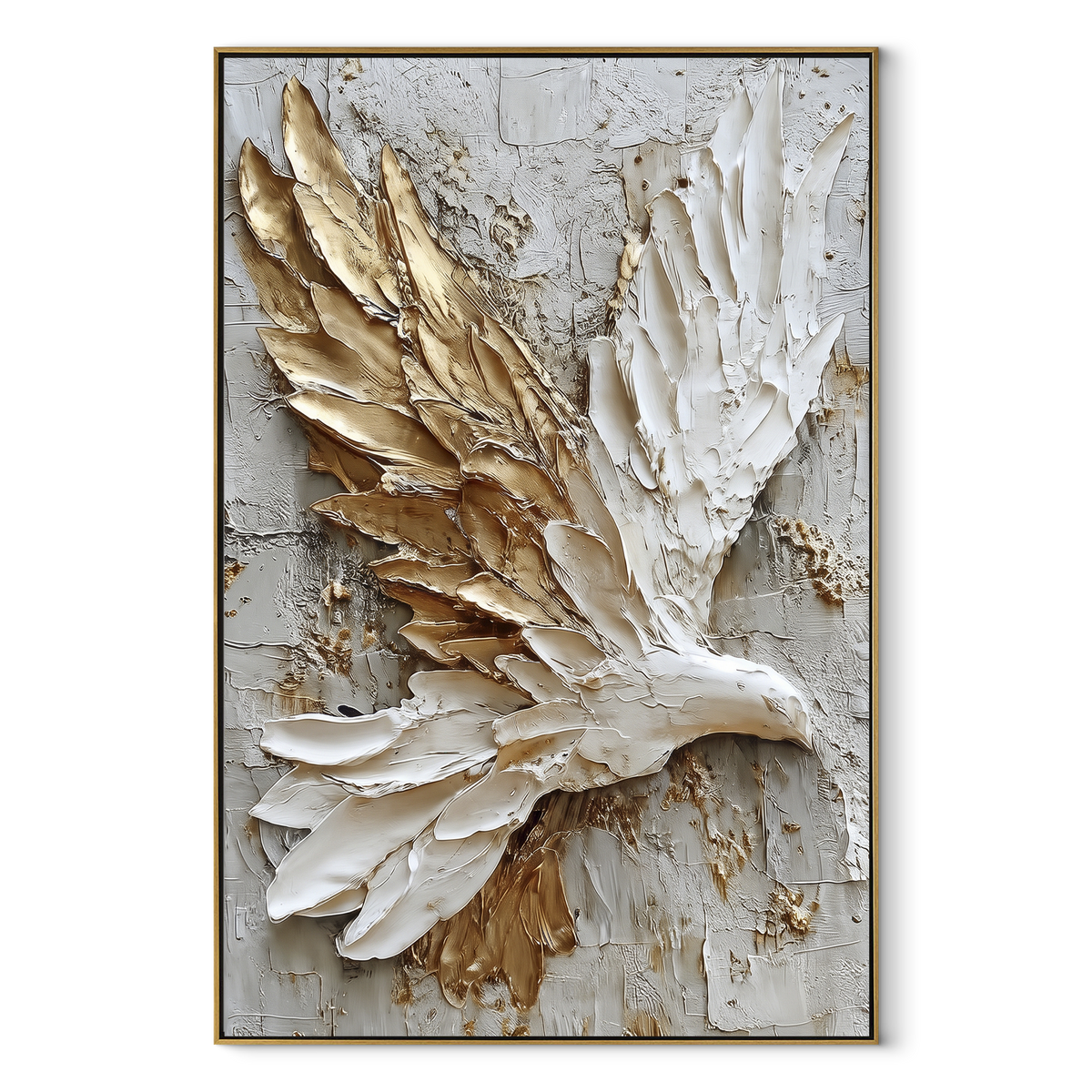 Golden Wing Profile focuses on a close golden-brown wing and feather study. The visible subject is placed within a carefully balanced painted field, with the main silhouette, feather, fur, petals, branches, clothing, landscape or background marks kept specific to this artwork. The palette of gold, brown, blue creates the mood through clear warm and cool relationships, while lighter passages open the composition and darker passages give the focal form weight. Raised impasto, palette-knife edges