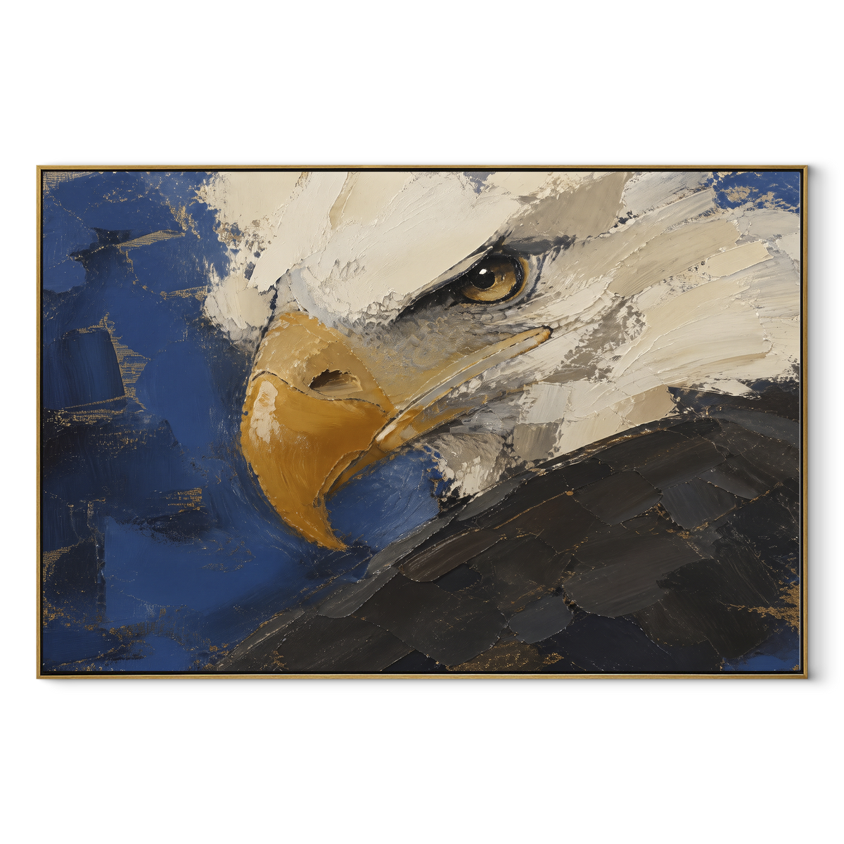Eagle with Red Accents focuses on a dark eagle with red and blue expressive feather accents. The visible subject is placed within a carefully balanced painted field, with the main silhouette, feather, fur, petals, branches, clothing, landscape or background marks kept specific to this artwork. The palette of black, red, blue creates the mood through clear warm and cool relationships, while lighter passages open the composition and darker passages give the focal form weight. Raised impasto