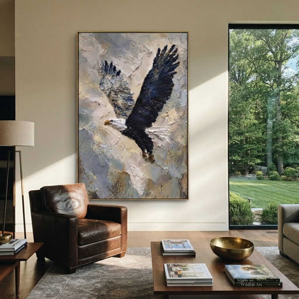 Eagle and Blue Mountains focuses on a perched bald eagle overlooking a blue mountain range. The visible subject is placed within a carefully balanced painted field, with the main silhouette, feather, fur, petals, branches, clothing, landscape or background marks kept specific to this artwork. The palette of blue, brown, green creates the mood through clear warm and cool relationships, while lighter passages open the composition and darker passages give the focal form weight. Raised impasto