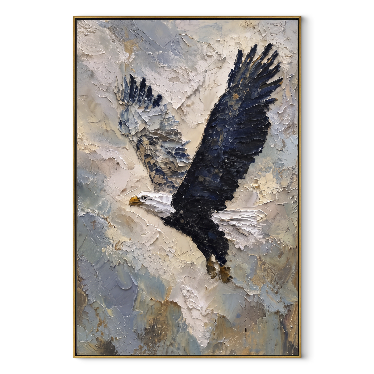 Eagle and Blue Mountains focuses on a perched bald eagle overlooking a blue mountain range. The visible subject is placed within a carefully balanced painted field, with the main silhouette, feather, fur, petals, branches, clothing, landscape or background marks kept specific to this artwork. The palette of blue, brown, green creates the mood through clear warm and cool relationships, while lighter passages open the composition and darker passages give the focal form weight. Raised impasto