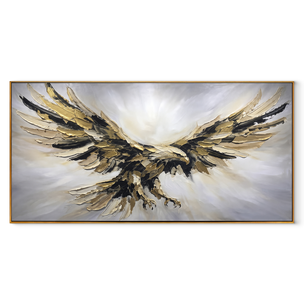White Gold Soaring Eagle focuses on a wide eagle in flight over a luminous cream ground. The visible subject is placed within a carefully balanced painted field, with the main silhouette, feather, fur, petals, branches, clothing, landscape or background marks kept specific to this artwork. The palette of white, gold, grey creates the mood through clear warm and cool relationships, while lighter passages open the composition and darker passages give the focal form weight. Raised impasto