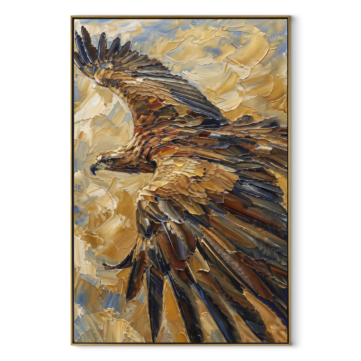 Eagle Eye Closeup focuses on a close bald eagle eye and beak framed by white and slate feathers. The visible subject is placed within a carefully balanced painted field, with the main silhouette, feather, fur, petals, branches, clothing, landscape or background marks kept specific to this artwork. The palette of white, grey, yellow creates the mood through clear warm and cool relationships, while lighter passages open the composition and darker passages give the focal form weight. Raised