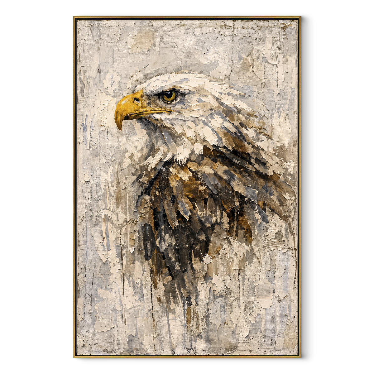 Eagle in Grey Snow focuses on a dark-winged eagle moving through pale grey atmospheric paint. The visible subject is placed within a carefully balanced painted field, with the main silhouette, feather, fur, petals, branches, clothing, landscape or background marks kept specific to this artwork. The palette of grey, black, white creates the mood through clear warm and cool relationships, while lighter passages open the composition and darker passages give the focal form weight. Raised impasto