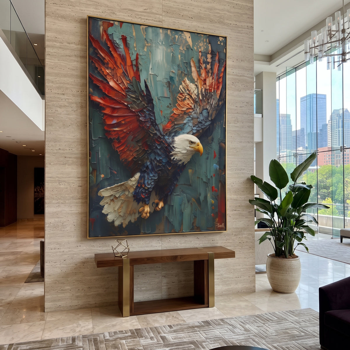 White Tail Eagle focuses on a soaring eagle with bright white tail feathers against a misty ground. The visible subject is placed within a carefully balanced painted field, with the main silhouette, feather, fur, petals, branches, clothing, landscape or background marks kept specific to this artwork. The palette of white, blue, grey creates the mood through clear warm and cool relationships, while lighter passages open the composition and darker passages give the focal form weight. Raised