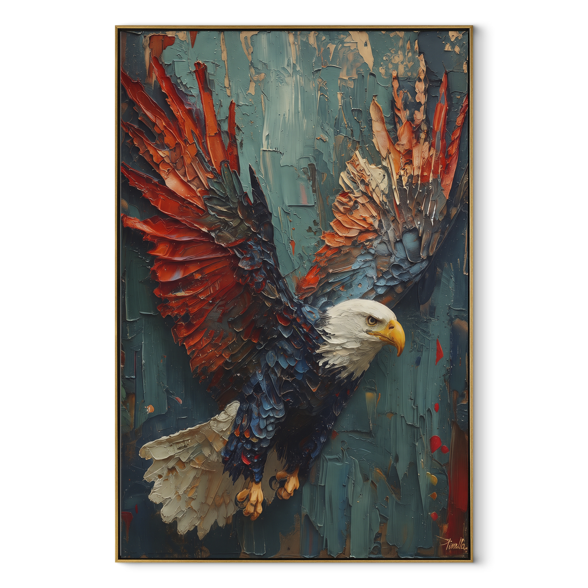 White Tail Eagle focuses on a soaring eagle with bright white tail feathers against a misty ground. The visible subject is placed within a carefully balanced painted field, with the main silhouette, feather, fur, petals, branches, clothing, landscape or background marks kept specific to this artwork. The palette of white, blue, grey creates the mood through clear warm and cool relationships, while lighter passages open the composition and darker passages give the focal form weight. Raised