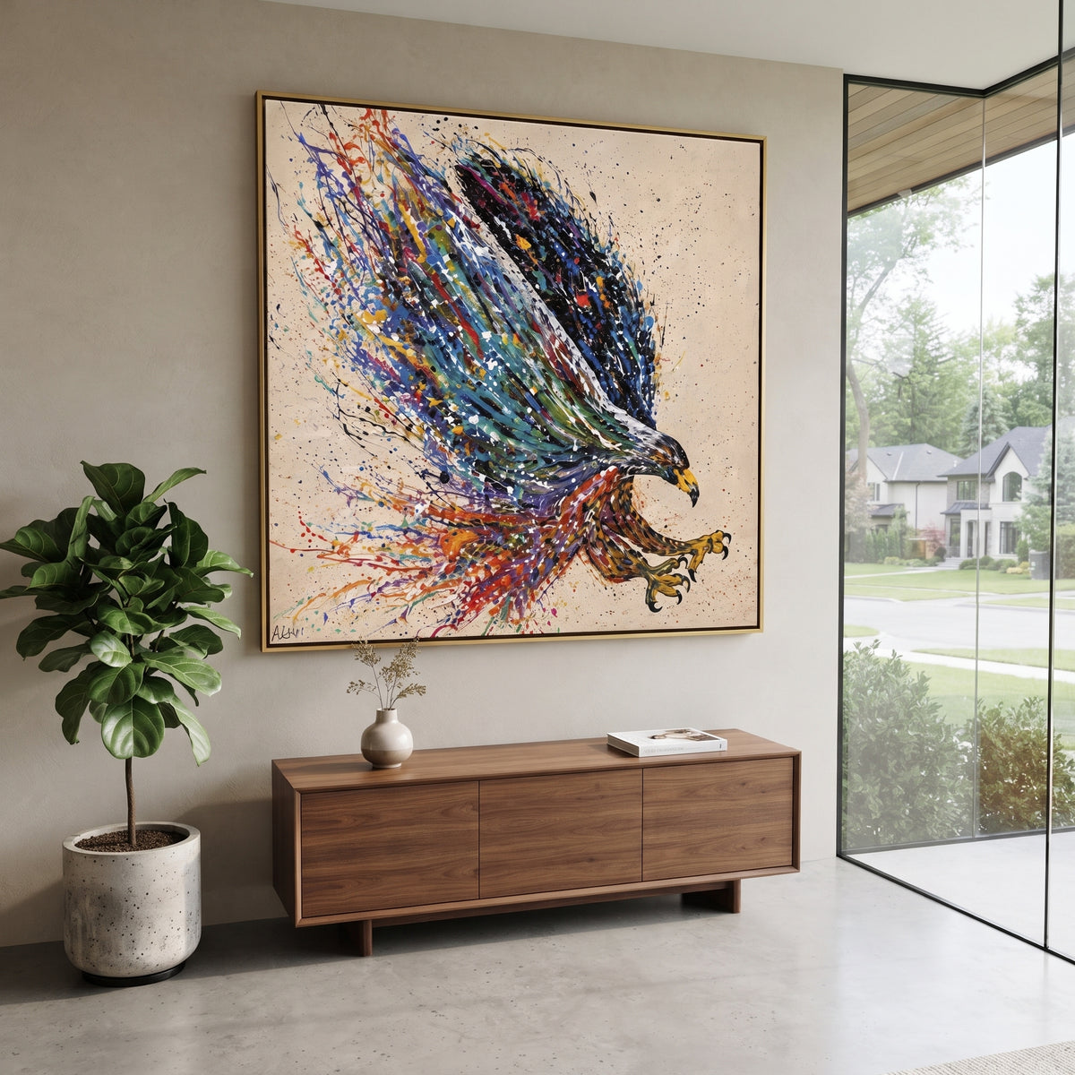 Eagle in Radiant Flight focuses on a wide eagle flying from a bright cream and gold center. The visible subject is placed within a carefully balanced painted field, with the main silhouette, feather, fur, petals, branches, clothing, landscape or background marks kept specific to this artwork. The palette of white, gold, black creates the mood through clear warm and cool relationships, while lighter passages open the composition and darker passages give the focal form weight. Raised impasto